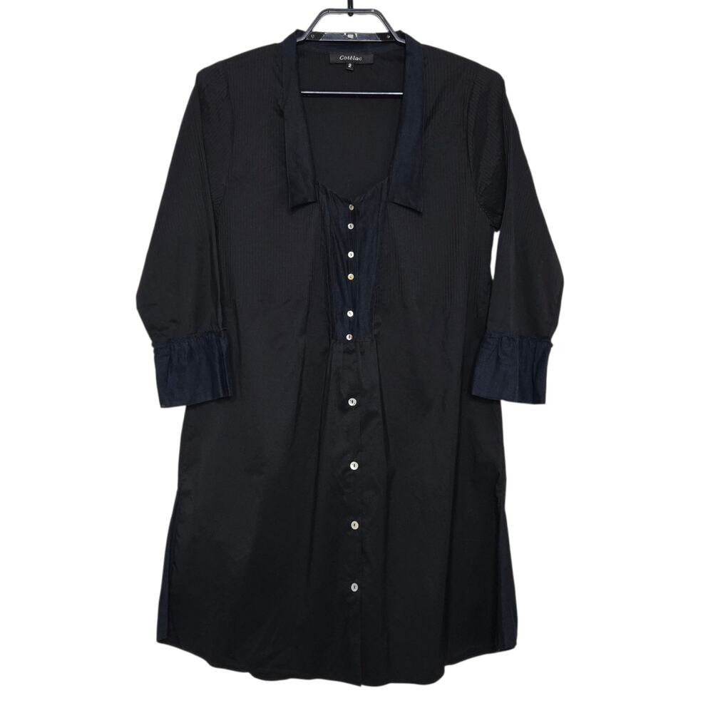 Cotelac Dress Size 2 US 8 Black Tunic Ruched Lagenlook Mixed Media Button Up